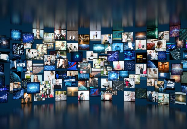 A wall of media videos with different images on each screen. A wall of media videos with different images on each screen.